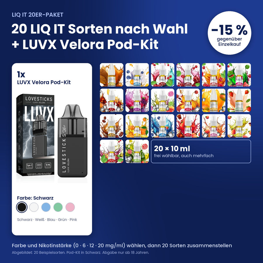 LIQ IT 20er-Paket: 20 LIQ IT Sorten nach Wahl plus LUVX Velora Pod-Kit in Schwarz